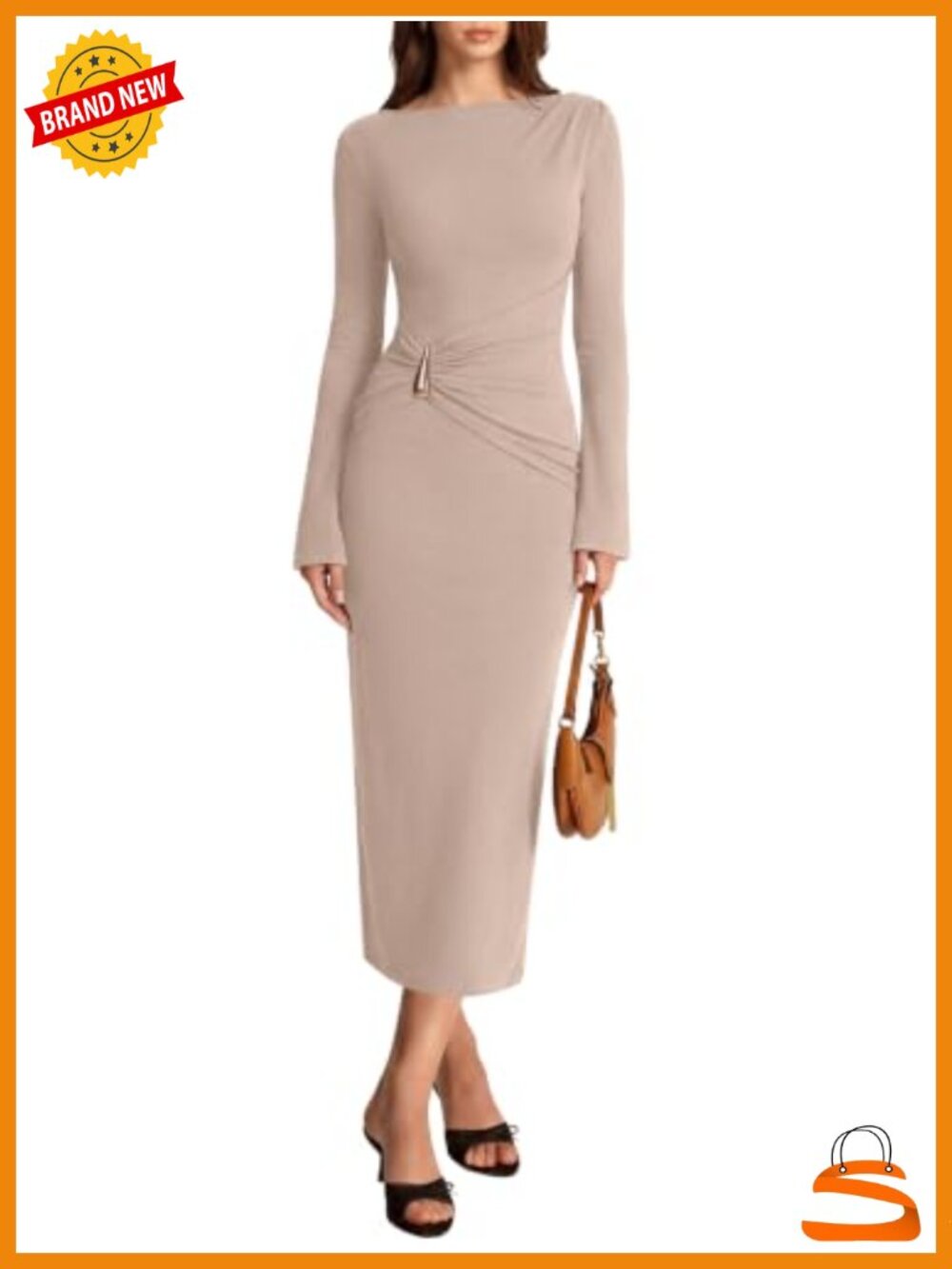 Long Sleeve Boat Neck Maxi Dress Ruched Waist Bodycon Wedding Guest
